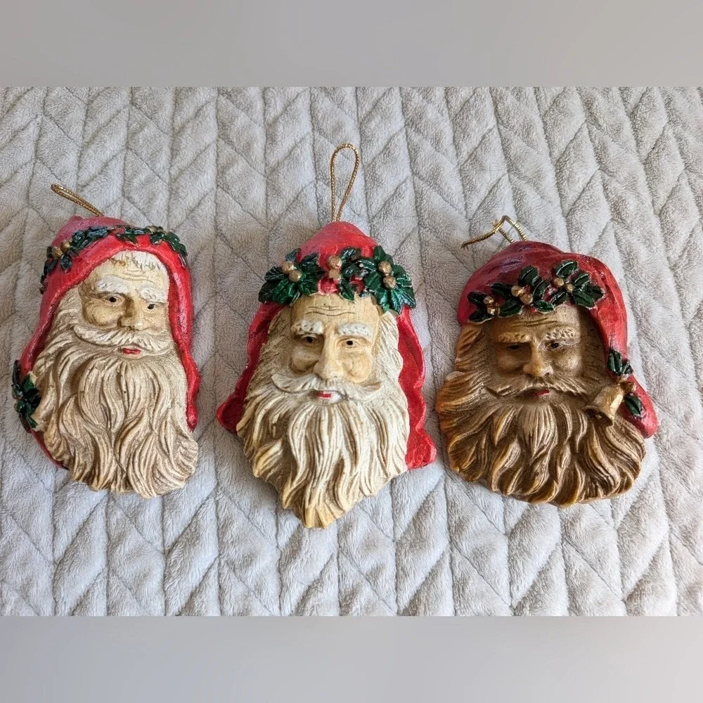 Vtg Old World Santa Face Head Christmas Ornament Woodland, Victorian, Foam Lot 3